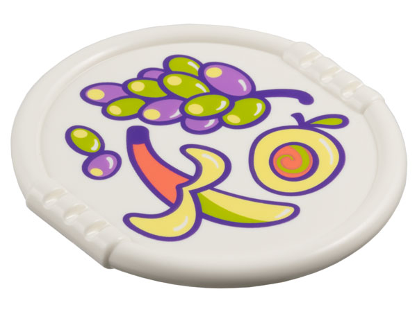 Duplo Utensil Disk with Coral, Bright Light Yellow, Lime, and Medium Lavender Apple, Banana and Grapes Pattern