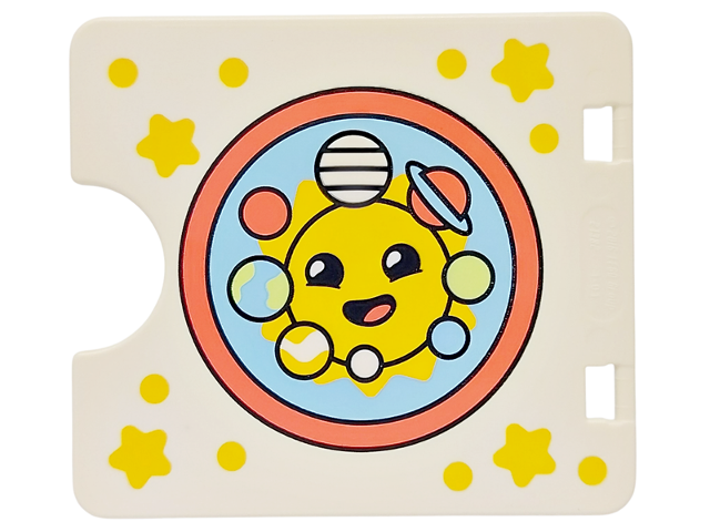 Duplo Door / Window Pane 1 x 4 x 3 with Semi Oval Cutout with Yellow Stars and Dots, Sun with Face and Planets in Coral Ring Pattern