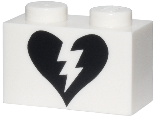 Brick 1 x 2 with Black Split Broken Heart Pattern : Part