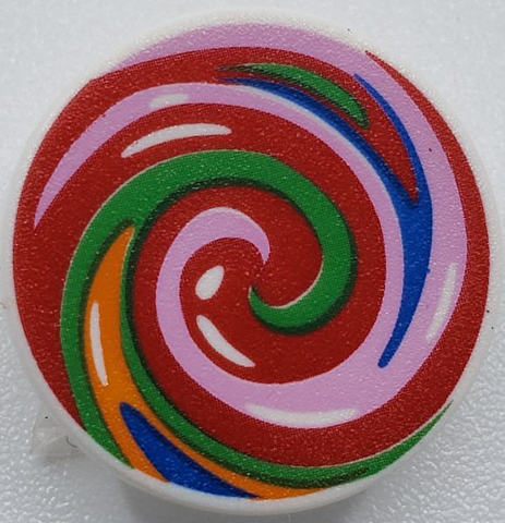 Road Sign 2 x 2 Round with Clip with Blue, Bright Pink, Green, Orange, and Red Swirled Lollipop Pattern