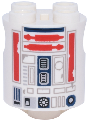 Brick, Round 2 x 2 x 2 Robot Body with Bottom Axle Holder (x Shape / + Orientation) with SW Astromech Droid Light Bluish Gray Rectangles, Red Utility Arms, Dark Blue Center Panel Pattern