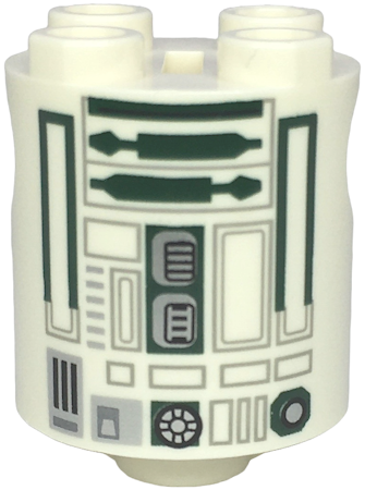 Brick, Round 2 x 2 x 2 Robot Body with Bottom Axle Holder (x Shape / + Orientation) with SW Astromech Droid Light Bluish Gray Rectangles and Dark Green Utility Arms and Data Port Slot Pattern
