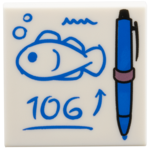 Tile 2 x 2 with Blue Pen with Metallic Pink Ring, Written Fish, Arrow, and '106' Pattern