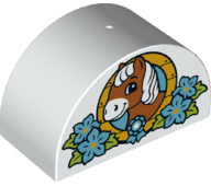 Duplo, Brick 2 x 4 x 2 Slope Curved Double with Horse Head in Ring and Flowers Pattern