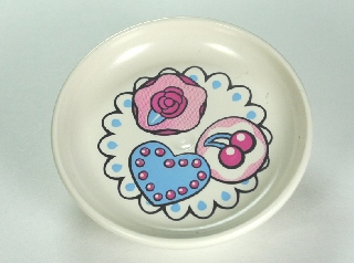 Duplo Utensil Dish 3 x 3 with Heart, Cherry, and Rose Cakes on Doily Pattern