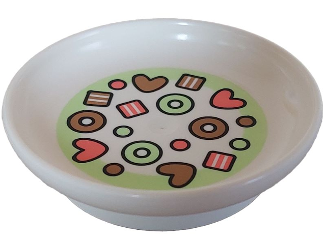 Duplo Utensil Dish 3 x 3 with Coral, Medium Brown, and Yellowish Green Hearts, Circles, and Striped Squares Pattern