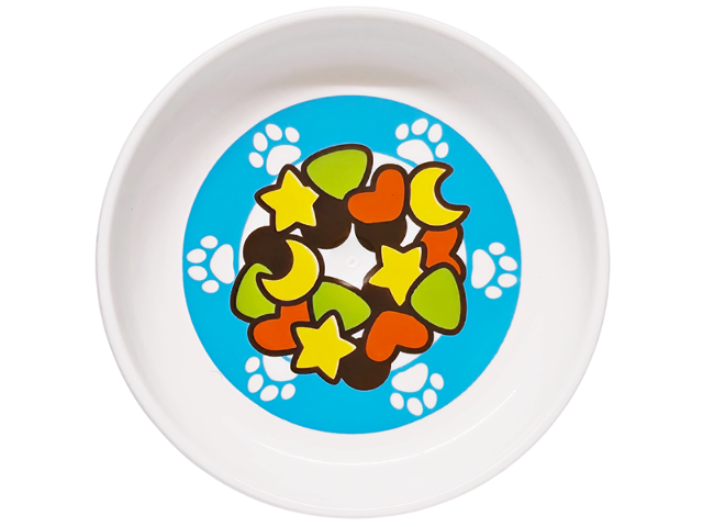 Duplo Utensil Dish 3 x 3 with Yellow, Lime and Reddish Orange Moons, Stars, Triangles and Hearts, Paw Prints on Medium Azure Background Pattern