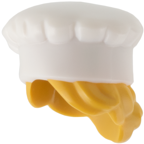 White chef toque with molded ochre yellow hair in a bun.