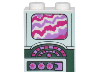 Brick 1 x 2 x 2 with Inside Stud Holder with Magenta and Medium Lavender Screen, Buttons and Stars on Light Aqua and Dark Green Panels Pattern