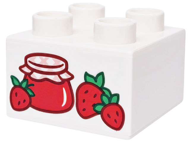 Duplo, Brick 2 x 2 with Red and Bright Green Strawberries and Jam Jar Pattern