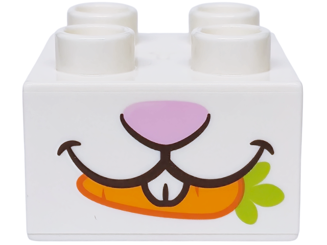 Duplo, Brick 2 x 2 with Rabbit Mouth and Teeth, Bright Pink Nose, Orange and Lime Carrot Pattern