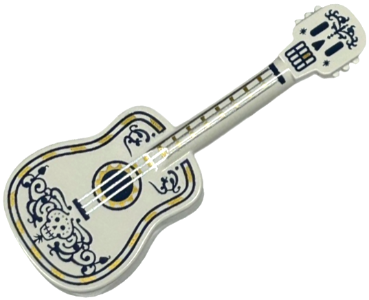 Minifigure, Utensil Musical Instrument, Guitar Acoustic with Tuning Knobs with Silver Strings, Skull and Dark Blue and Gold Ornaments Pattern