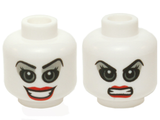 Minifigure, Head Dual Sided Female Gray Eyes and Eye Shadow, Red Lips, Open Smile / Bared Teeth Angry Pattern (Harley Quinn)
