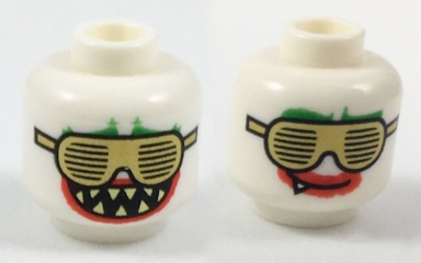Minifigure, Head Dual Sided Green Eyebrows, Gold Grille Glasses, Red Lips, Open Mouth with Sharp Teeth / Closed Mouth with Fang Pattern