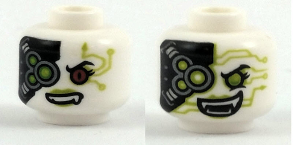 Minifigure, Head Alien with Red Left Eye, Cybernetic Implants, Green Eye and Fangs on Back Pattern