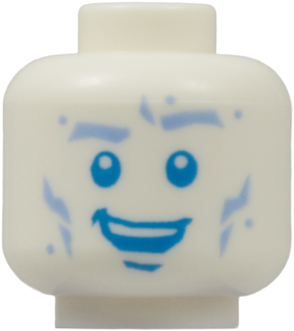 White minifigure head with blue eyebrows, dots, broken cheek lines, and dark azure eyes with an open mouth smile.