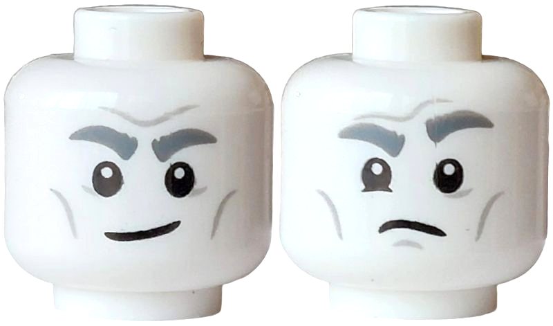 White dual-sided head with dark bluish gray eyebrows, light gray wrinkles, and expressions including a lopsided grin and a sad mouth.