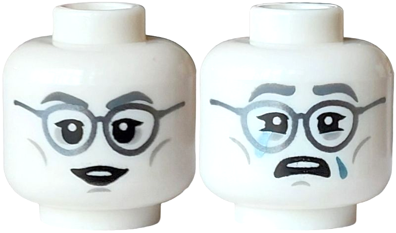 White minifigure head with silver glasses, black lips, and an open mouth, reversing to a sad expression with metallic light blue tears.