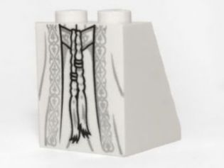 Slope 65 2 x 2 x 2 with Bottom Tube with Minifigure Dress / Skirt / Robe, Ornate Silver Fabric, Belt and Tassels Pattern