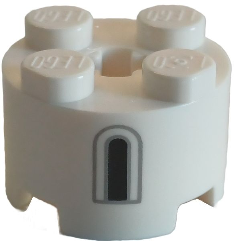 Brick, Round 2 x 2 with Axle Hole with Black and Light Bluish Gray Castle Window Pattern