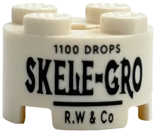 Brick, Round 2 x 2 with Axle Hole with Black '1100 DROPS', 'SKELE-GRO' and 'R.W & Co' Pattern