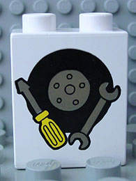 Duplo, Brick 1 x 2 x 2 with Black Tire with Wheel, Screwdriver with Yellow Handle, Dark Gray Wrench Pattern