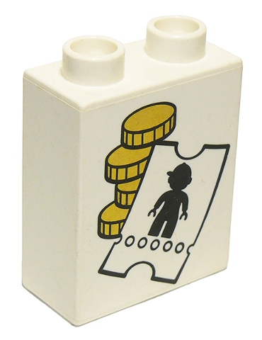 Duplo, Brick 1 x 2 x 2 with Gold Coins and Ticket with Black Duplo Figure Silhouette Pattern