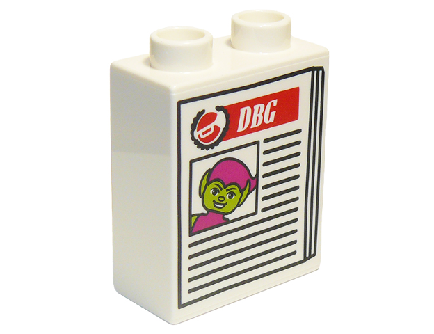 Duplo, Brick 1 x 2 x 2 with Newspaper 'DBG' and Green Goblin Pattern