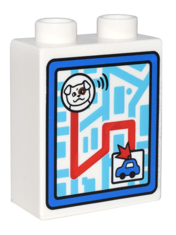 Duplo, Brick 1 x 2 x 2 with Map of Town with Blue Police Car, White Dog, and Red Route Pattern