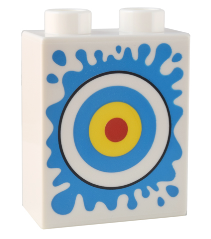 Duplo, Brick 1 x 2 x 2 with Dark Azure, Yellow, and Red Bullseye and Splash Pattern