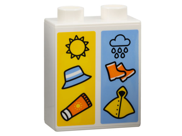 Duplo, Brick 1 x 2 x 2 with Sun, Hat and Sunscreen on Yellow Background and Cloud, Rain, Boots, and Slicker on Medium Blue Background Pattern