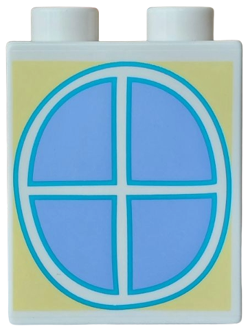 Duplo, Brick 1 x 2 x 2 with Dark Azure Oval Window Frame Outline with Medium Blue Sky on Bright Light Yellow Background Pattern