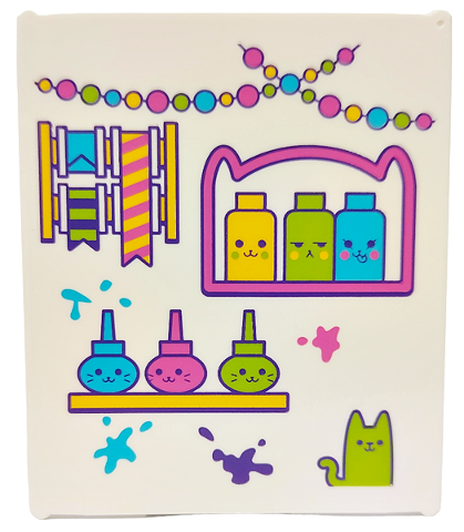 Glass for Window 1 x 6 x 6 Flat Front with Dark Pink, Lime, Medium Azure and Yellow Garlands, Cat, Ribbons, Paint Splotches and Shelves with Bottles Pattern