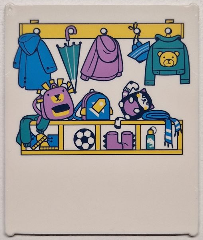 Glass for Window 1 x 6 x 6 Flat Front with Dark Azure, Dark Turquoise, Medium Lavender and Yellow Coats, Jackets, Umbrella, School Bags, Shoes and Soccer Ball Pattern