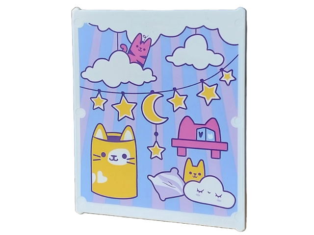Glass for Window 1 x 6 x 6 Flat Front with Clouds, Lavender Sun Rays and Pillow, Dark Purple Garland with Yellow Stars and Crescent Moon, Cats and Magenta Chair with Cube on Bright Light Blue Background Pattern