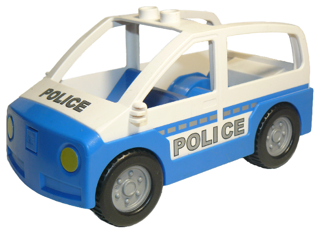 Duplo Car with 2 Studs on Roof, Blue Base and Silver 'POLICE' Pattern