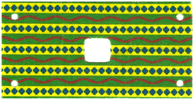 Cloth Rectangle 6 x 12 with 2 x 2 Cutout, Holes at Corners, Green and Yellow Stripes with Red Wavy Lines and Blue Diamonds Elephant Saddle Pattern