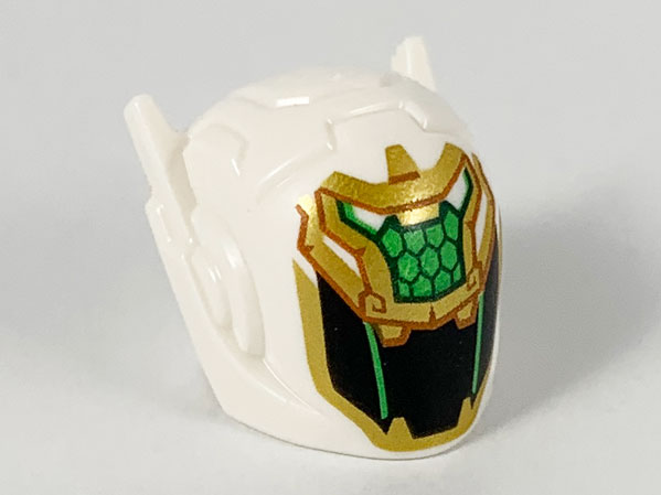 Minifigure, Headgear Helmet with Ear Antennas with Gold and Bright Green Dragon Face over Black Visor Pattern