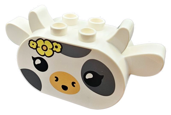 Duplo, Brick 2 x 6 x 2 1/2 Rounded Ends with Ears and Horns Attached with Dark Bluish Gray Spots, Black Eyes, Medium Tan Muzzle, Bright Light Yellow Flowers, Cow Head Pattern