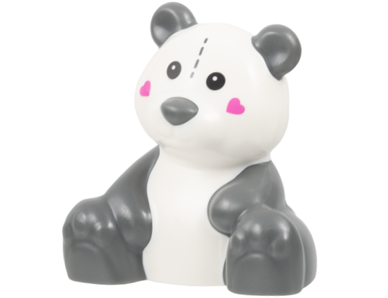 Duplo Bear Baby Cub, Sitting with Molded Dark Bluish Gray Ears, Nose, Arms, Legs and Tail and Printed Eyes, Stitches and Dark Pink Hearts Pattern (Panda Marked Teddy Bear)