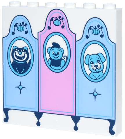Panel 1 x 6 x 5 with Bright Light Blue and Bright Pink Headboards, Medium Azure Pumpkins and Oval Frame Portraits of Lucifer, Gus and Bruno Pattern