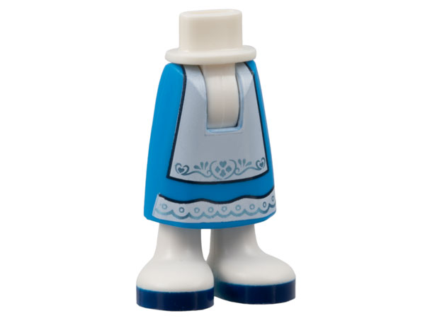 Mini Doll Hips and Dark Azure Skirt Long with Molded White Legs / Boots and Printed White Apron and Hem with Metallic Light Blue Filigree and Dark Blue Soles Pattern - Thick Hinge