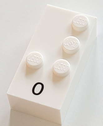 Brick, Braille 2 x 4 with 4 Studs with Black Number 0 Pattern (dots-3456 ⠼) (French with Antoine Numbers)