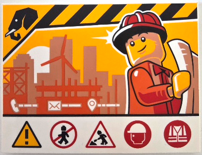 Tile 6 x 8 with Construction Site Sign with Worker Minifigure, Nougat and Reddish Orange Buildings, Black and Bright Light Orange Danger Stripes, Red Warning Signs Pattern