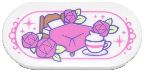 Tile, Round 2 x 4 Oval with Dark Pink Bed, Roses, Sparkles and Striped Tea Cup Pattern