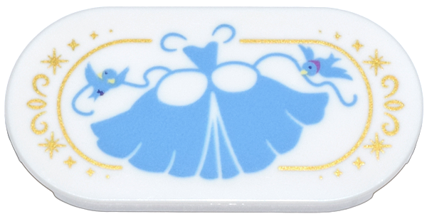 Tile, Round 2 x 4 Oval with Medium Blue Ball Gown, Birds, and Ribbons, Gold Border and Sparkles Pattern