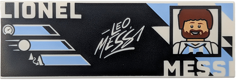 Tile 2 x 6 with White 'LIONEL MESSI' and Signature, Reddish Brown and Bright Light Blue Portrait and Argentine Flag Colors on Black Background Pattern