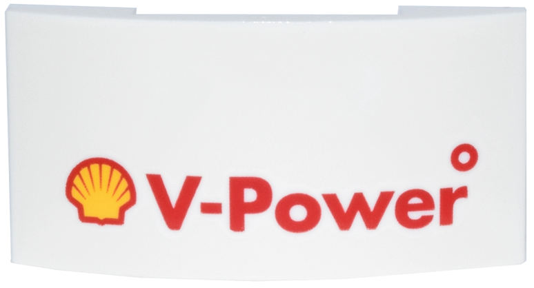 Slope, Curved 4 x 2 x 2/3 Double with Yellow Shell Logo and Red 'V-Power' Pattern