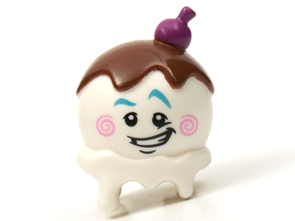 Minifigure, Head, Modified Ice Cream Scoop with Purple Cherry, Reddish Brown Topping, Medium Azure Eyebrows and Bright Pink Cheek Spirals Pattern