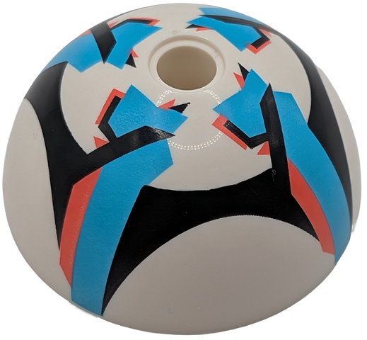 Cylinder Hemisphere 4 x 4 with Pin Hole with Black, Coral and Medium Azure Intersecting Geometric Shaped Soccer Ball / Football Pattern
